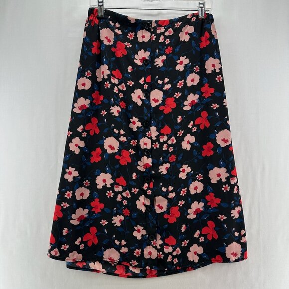 Lily Black A-Line Skirt Womens S Button Front Elastic Waist Floral Black Orange - Picture 1 of 9